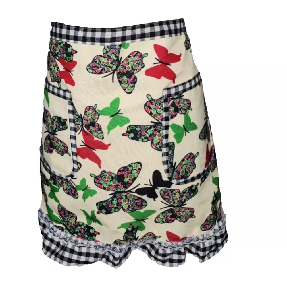 Butterfly Gingham Print Lace Trimmed Cotton Kitchen Apron